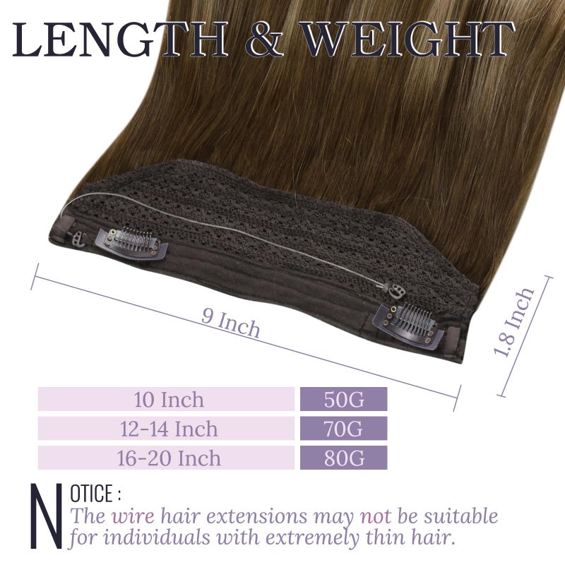 Fshine Wire Extensions Human Hair Balayage Brown to Caramel Blonde Mix Medium Brown Hidden Wire Hair Extensions 16 Inch Fish Line Real Human Hair One Piece Clip in 86 G - Image 3